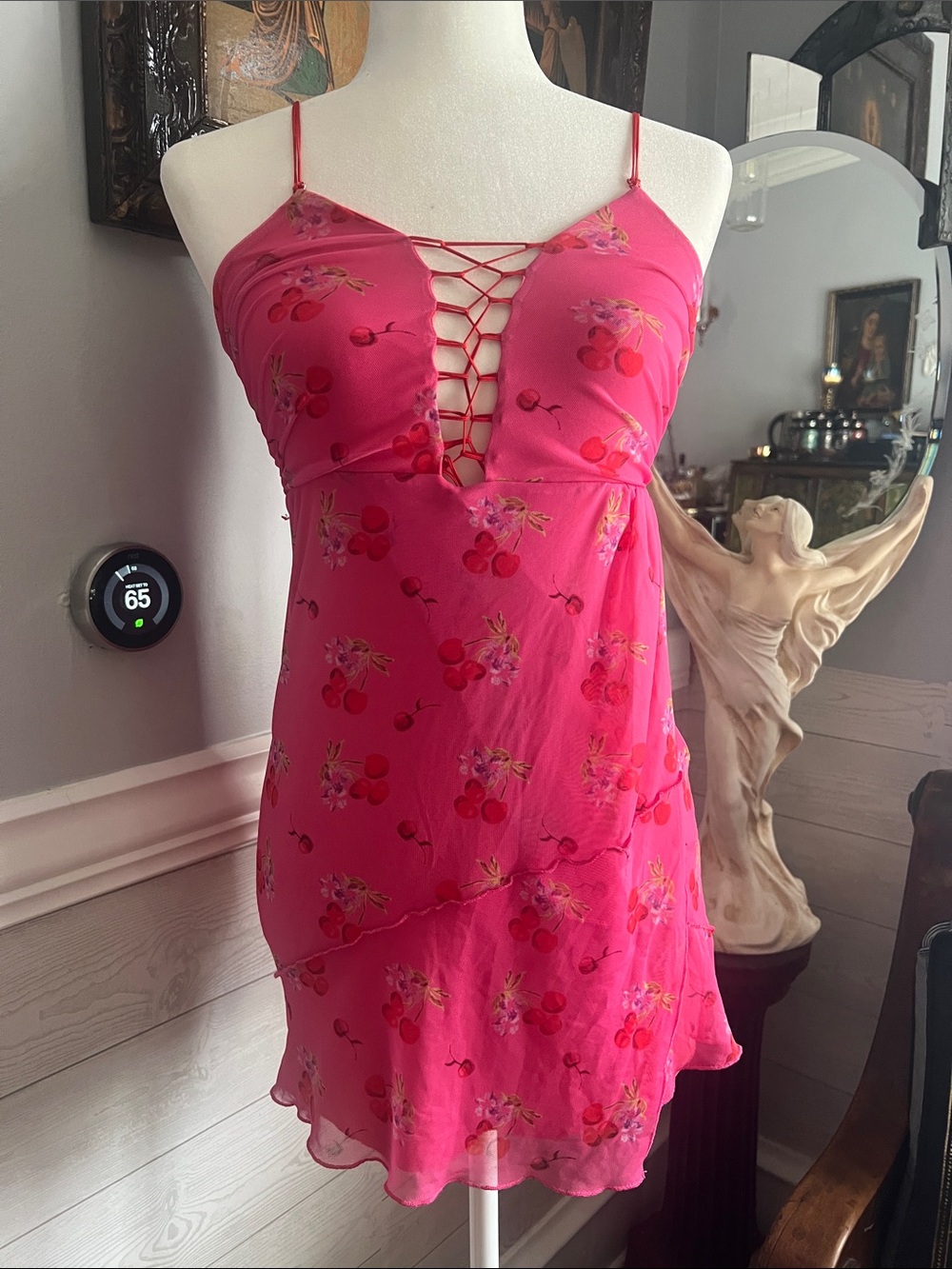 Urban Outfitters Hot Pink Floral Mesh Mini Cherry Dress